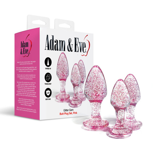 Adam & Eve Glitter Gem 3-Piece Butt Plug Set - Pink Glitter Pink Butt Plugs - Set of 3 Sizes