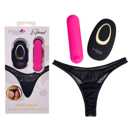 Maia DATE NIGHT PANTY VIBE - S/M Black S/M Panty with Pink USB Rechargeable Bullet & Remote