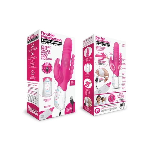 Rabbit Essentials Rechargeable Double Penetration Rabbit - Hot Pink