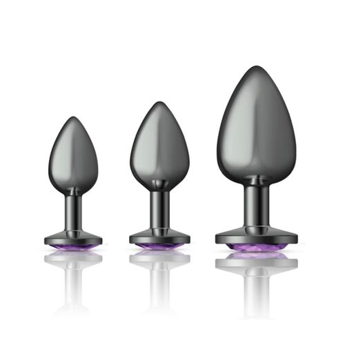 Round Metal Butt Plug Gunmetal 3 Pc Kit w Purple Jewel