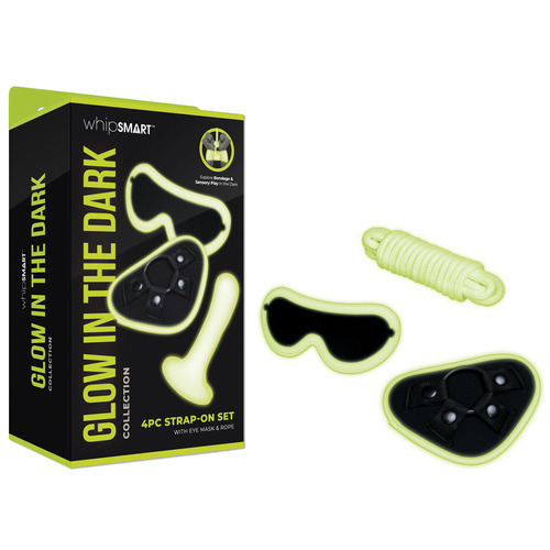 WhipSmart Glow In The Dark 4pc Strap-On Set Glow in Dark 15.2 cm Strap-On with Eye Mask & Rope