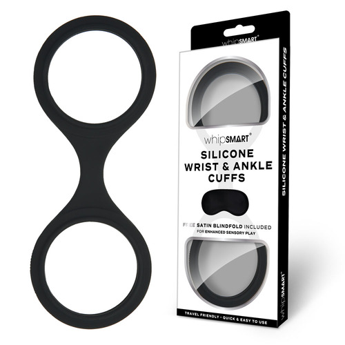 WhipSmart Silicone Wrist & Ankle Cuffs - Black Black Restraints with Bonus Eye Mask