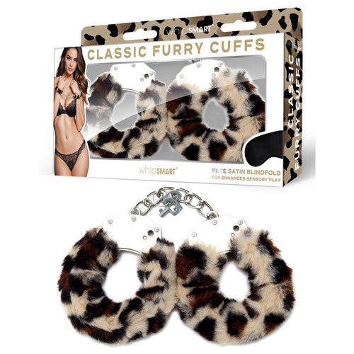 WhipSmart Classic Furry Cuffs - Leopard Leopard Furry Restraints with Bonus Eye Mask