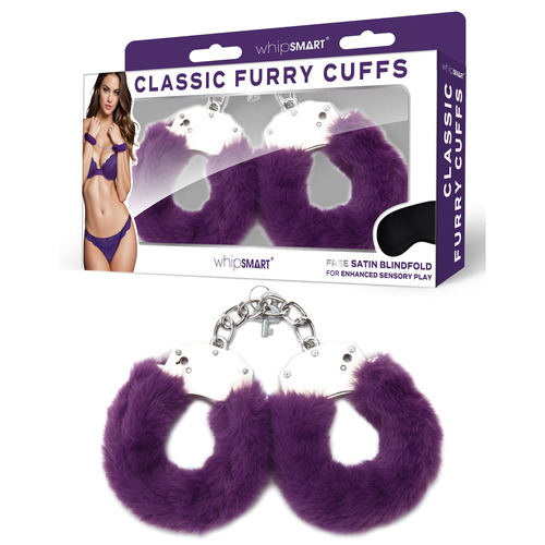 WhipSmart Classic Furry Cuffs - Purple Purple Furry Restraints with Bonus Eye Mask