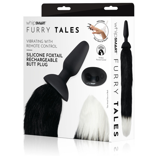 WhipSmart Furry Tales Silicone Foxtail Rechargeable Butt Plug Black 9.5 cm Vibrating Butt Plug with Black Fox Tail & Remote Control